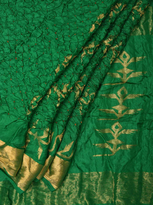 Green Bandhani Uppada Silk Handloom Saree with Diagonal Design bn0179