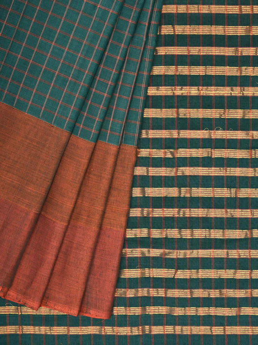 Green Cotton Handloom Saree with All Over Checks Design o0279