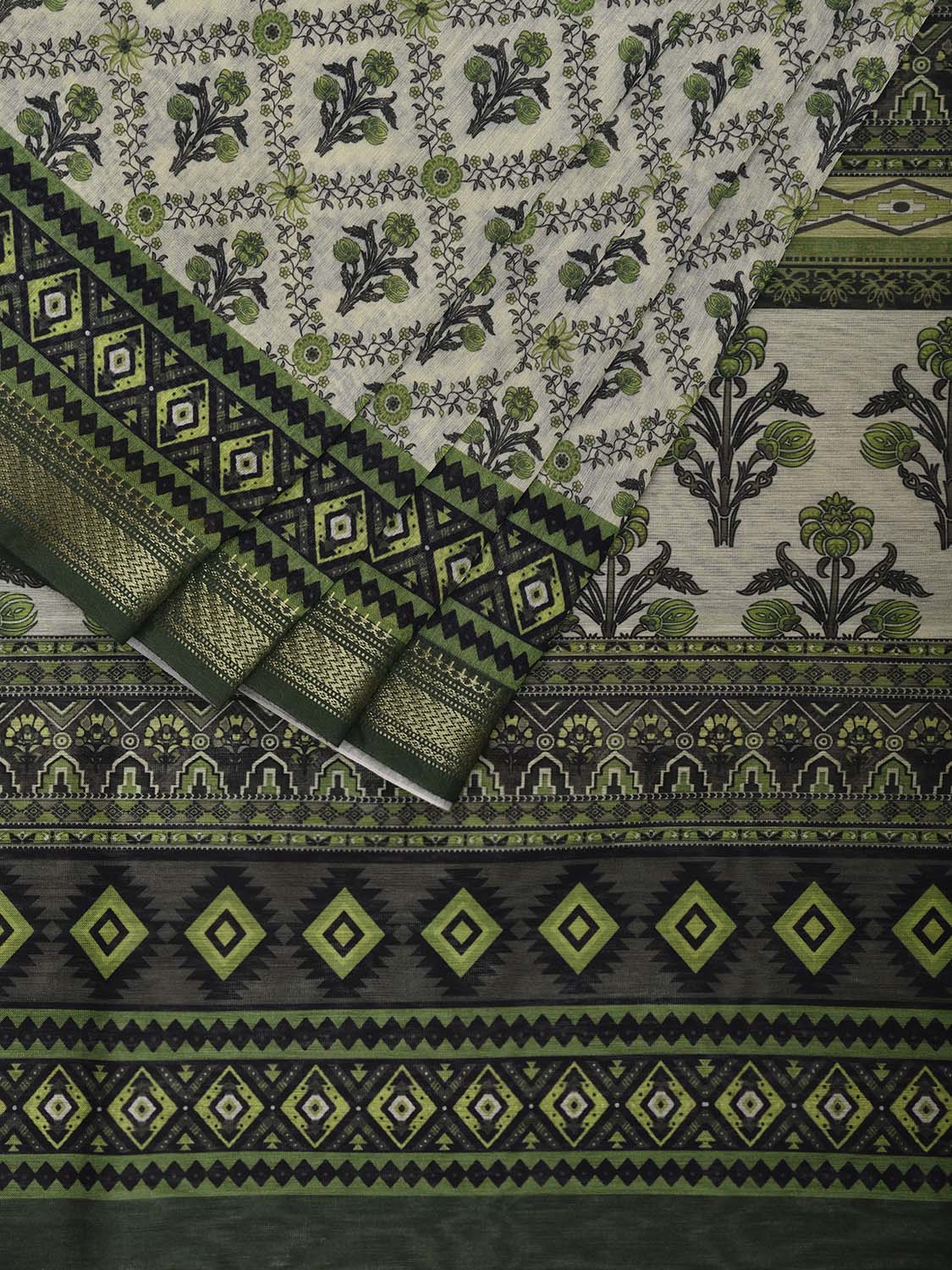 Green Digital Print Blended Cotton Silk Saree with All Over Grill Floral Design o0658