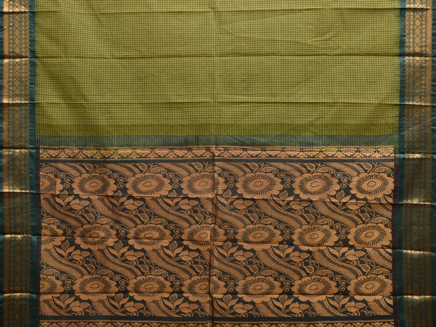 Green Gadwal Cotton Handloom Saree with Border and Pallu Design No Blouse g0381