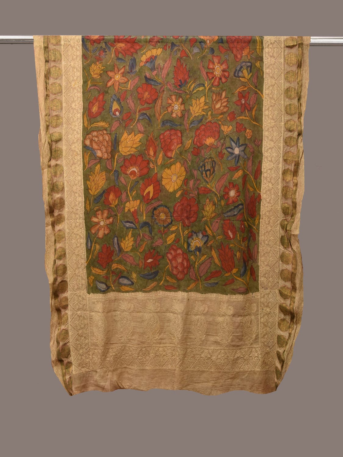 Green Kalamkari Hand Painted Banaras Chiffon Dupatta with Floral and Embroidary Design ds3181