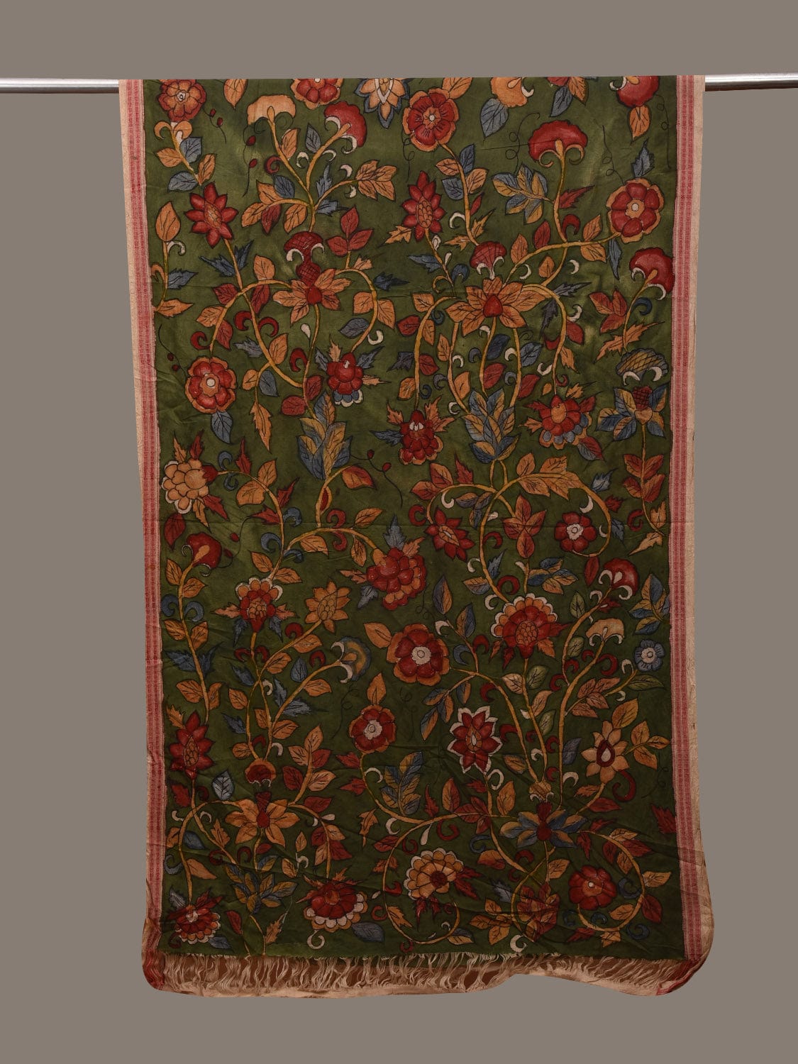 Green Kalamkari Hand Painted Cotton Handloom Dupatta with Doby Border and Floral Design ds3090