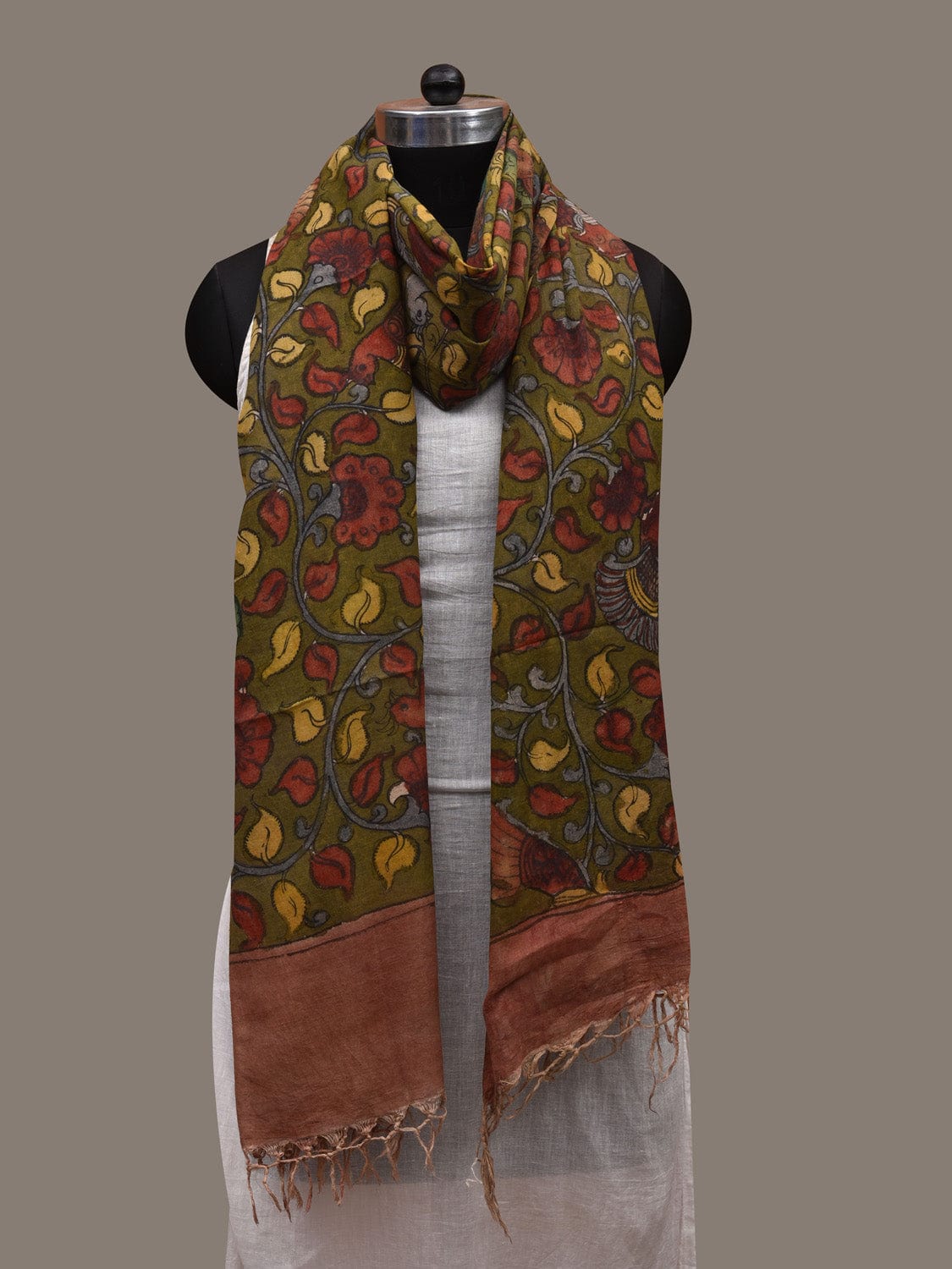 Green Kalamkari Hand Painted Cotton Handloom Dupatta with Floral and Birds Design ds2879