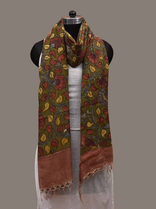 Green Kalamkari Hand Painted Cotton Handloom Dupatta with Floral and Birds Design ds2879