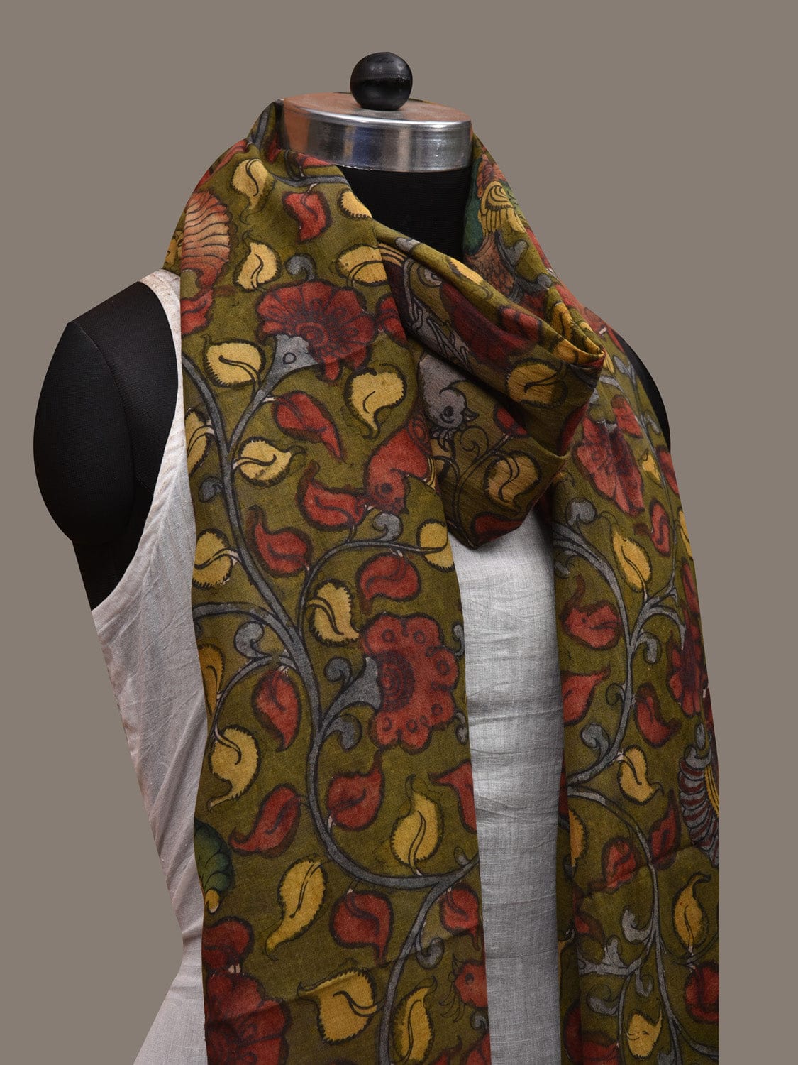 Green Kalamkari Hand Painted Cotton Handloom Dupatta with Floral and Birds Design ds2879