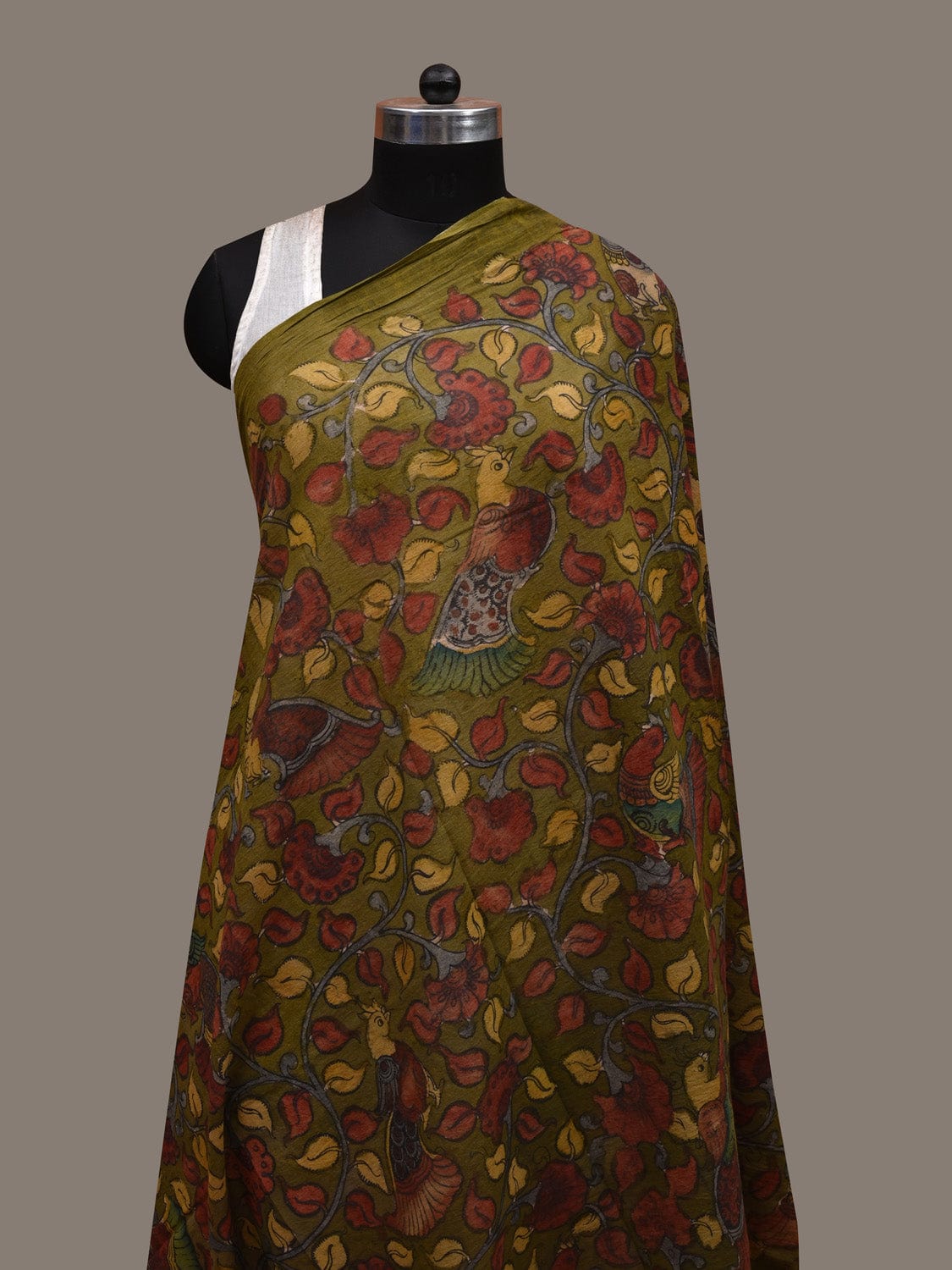 Green Kalamkari Hand Painted Cotton Handloom Dupatta with Floral and Birds Design ds2879