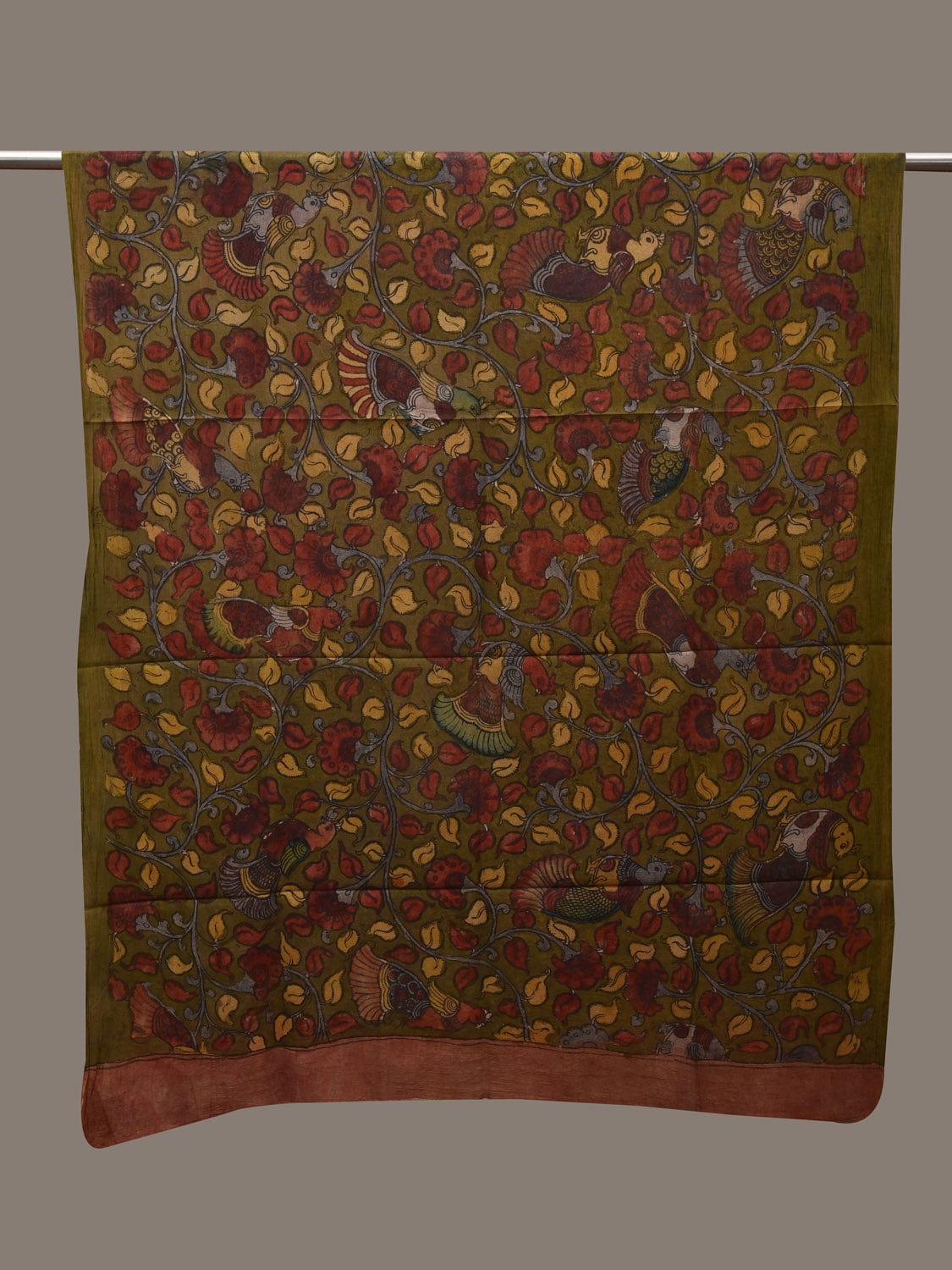 Green Kalamkari Hand Painted Cotton Handloom Dupatta with Floral and Birds Design ds2879
