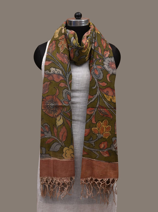 Green Kalamkari Hand Painted Cotton Handloom Dupatta with Floral and Birds Design ds2885
