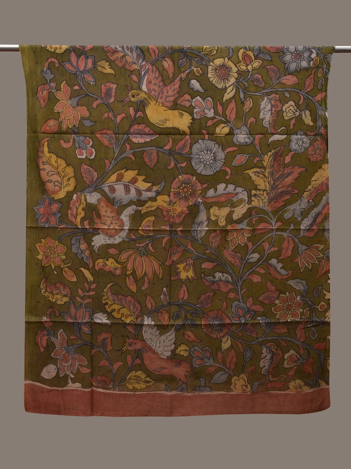 Green Kalamkari Hand Painted Cotton Handloom Dupatta with Floral and Birds Design ds2885