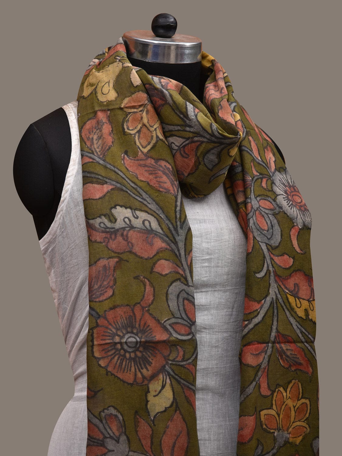 Green Kalamkari Hand Painted Cotton Handloom Dupatta with Floral and Birds Design ds2885