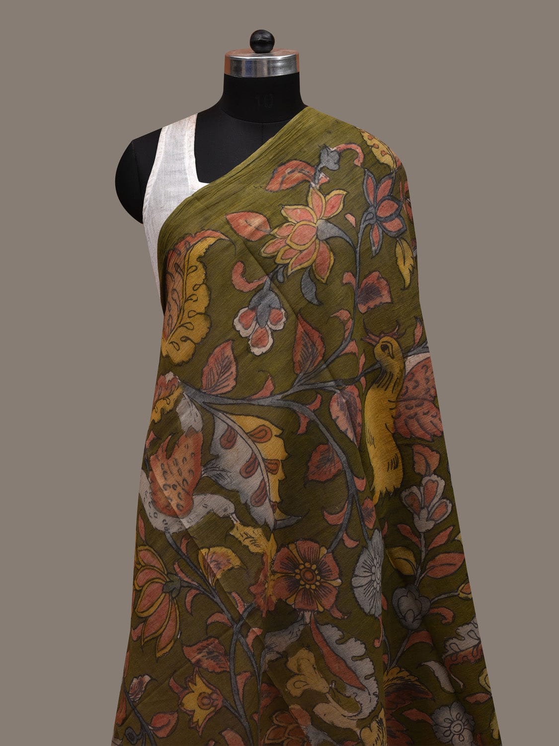 Green Kalamkari Hand Painted Cotton Handloom Dupatta with Floral and Birds Design ds2885