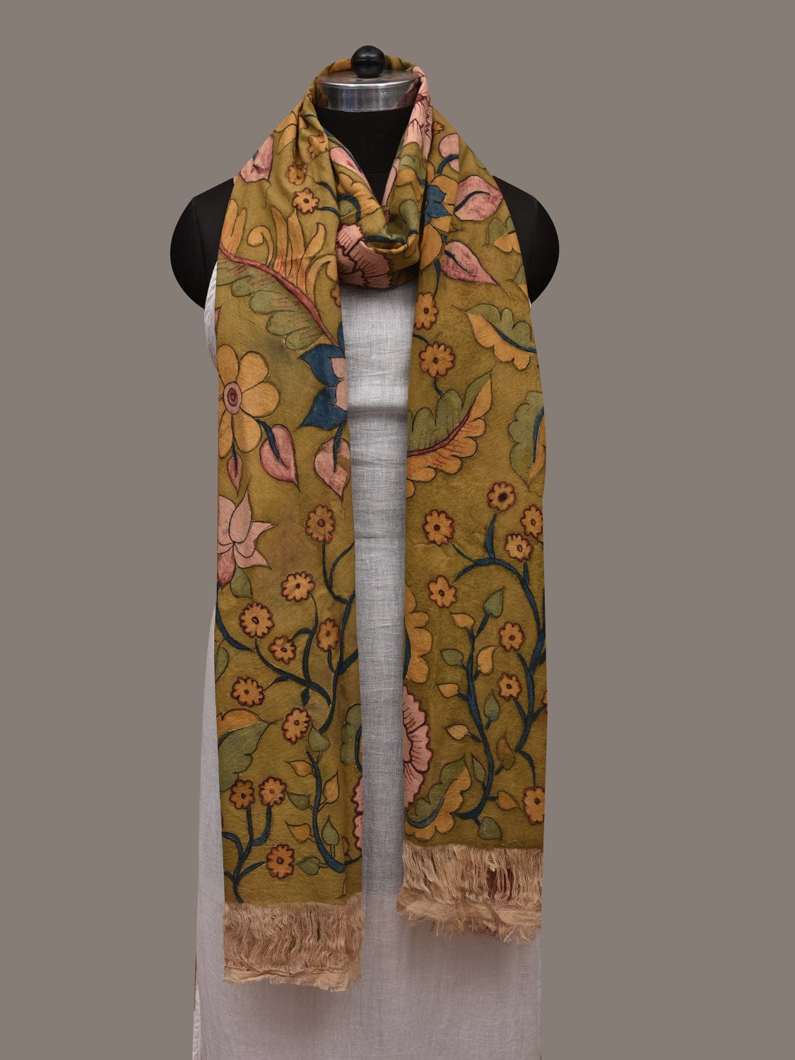 Green Kalamkari Hand Painted Cotton Handloom Dupatta with Floral Design ds2991