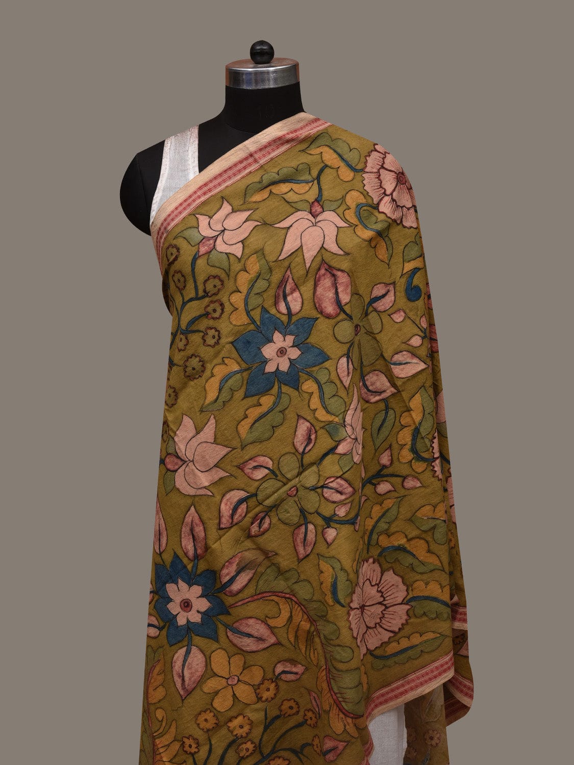 Green Kalamkari Hand Painted Cotton Handloom Dupatta with Floral Design ds2991