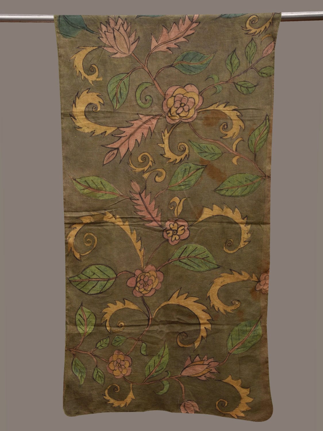 Green Kalamkari Hand Painted Cotton Handloom Stole with Floral Design ds2809