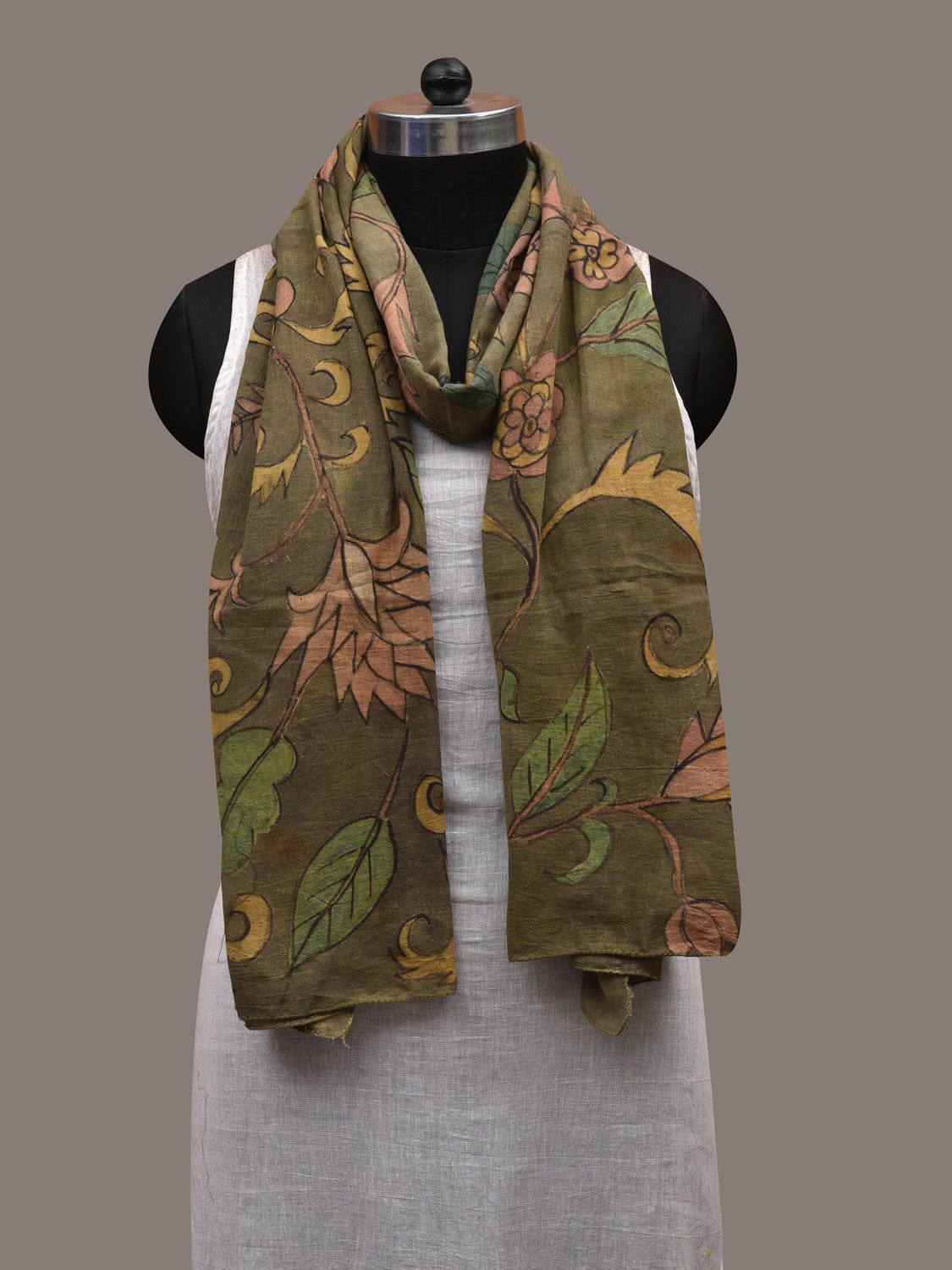 Green Kalamkari Hand Painted Cotton Handloom Stole with Floral Design ds2809