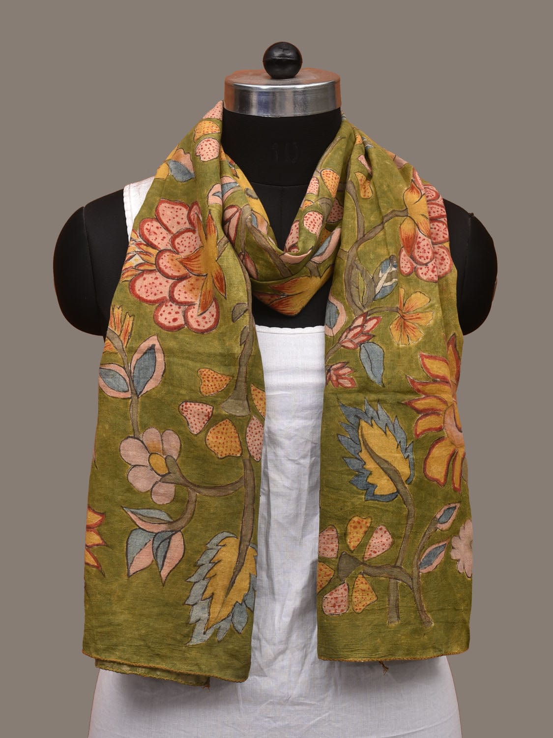Green Kalamkari Hand Painted Cotton Handloom Stole with Floral Design ds3096