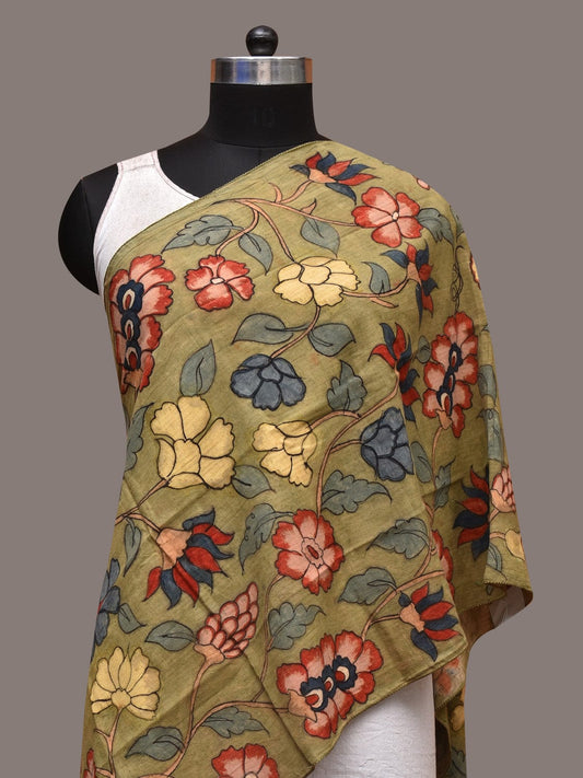 Green Kalamkari Hand Painted Cotton Stole with Floral Design ds3522