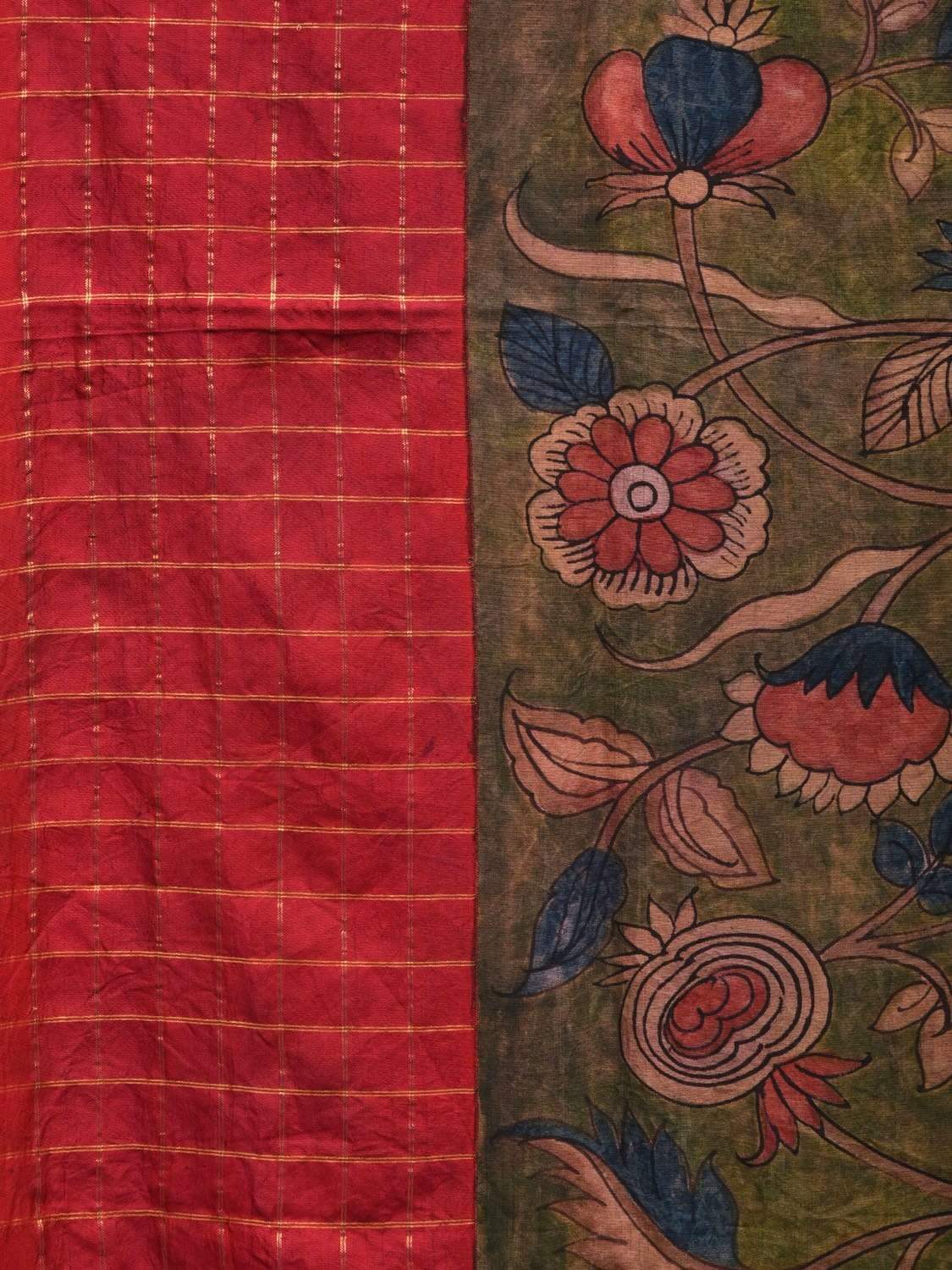 Green Kalamkari Hand Painted Gadwal Silk Handloom Saree with Floral and Ganga-Jamuna Border Design KL0532