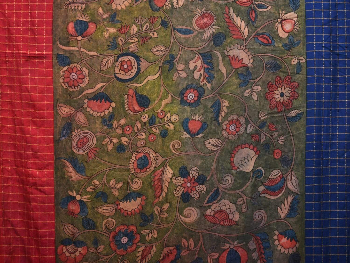 Green Kalamkari Hand Painted Gadwal Silk Handloom Saree with Floral and Ganga-Jamuna Border Design KL0532