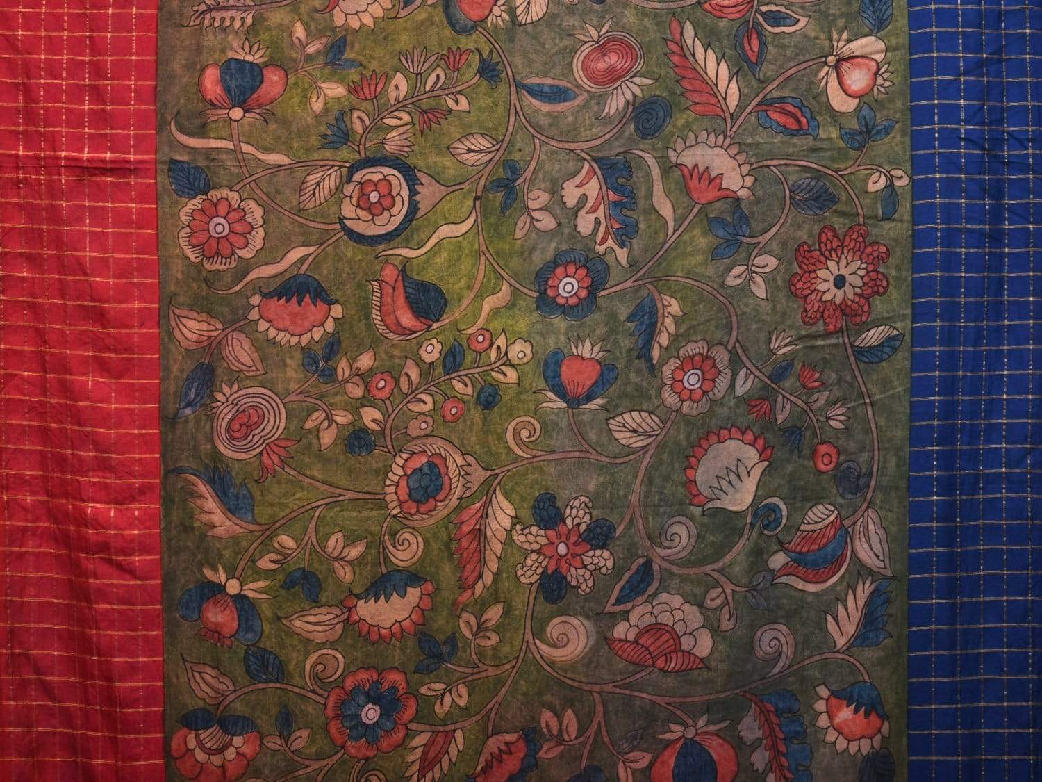 Green Kalamkari Hand Painted Gadwal Silk Handloom Saree with Floral and Ganga-Jamuna Border Design KL0532