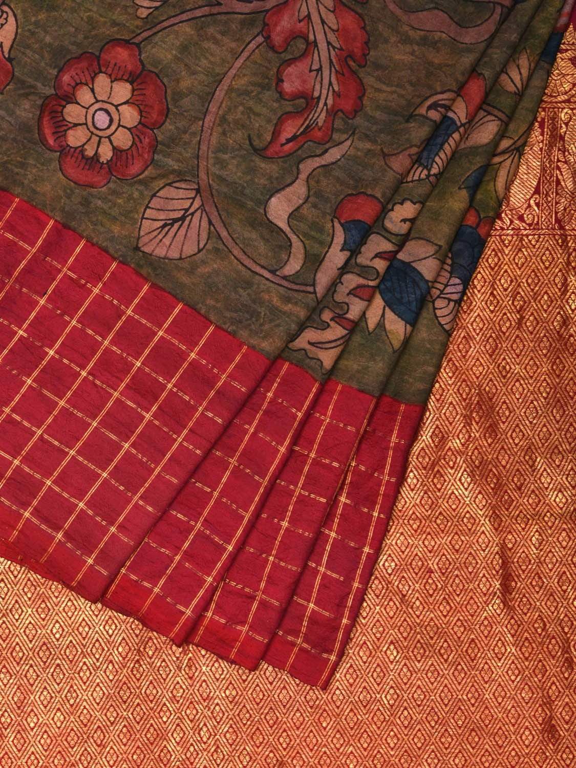Green Kalamkari Hand Painted Gadwal Silk Handloom Saree with Floral and Ganga-Jamuna Border Design KL0532