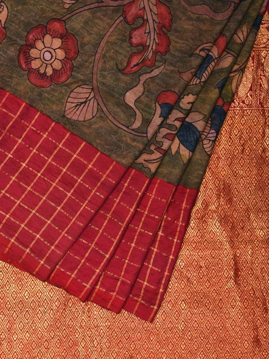 Green Kalamkari Hand Painted Gadwal Silk Handloom Saree with Floral and Ganga-Jamuna Border Design KL0532