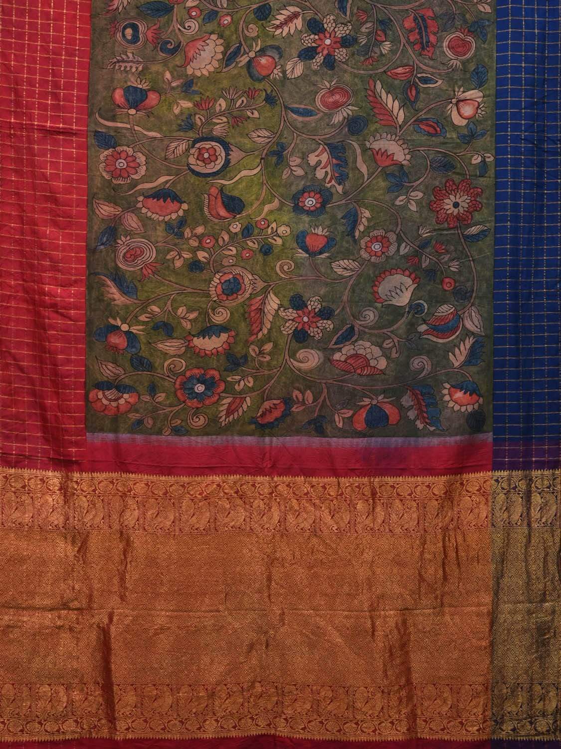 Green Kalamkari Hand Painted Gadwal Silk Handloom Saree with Floral and Ganga-Jamuna Border Design KL0532