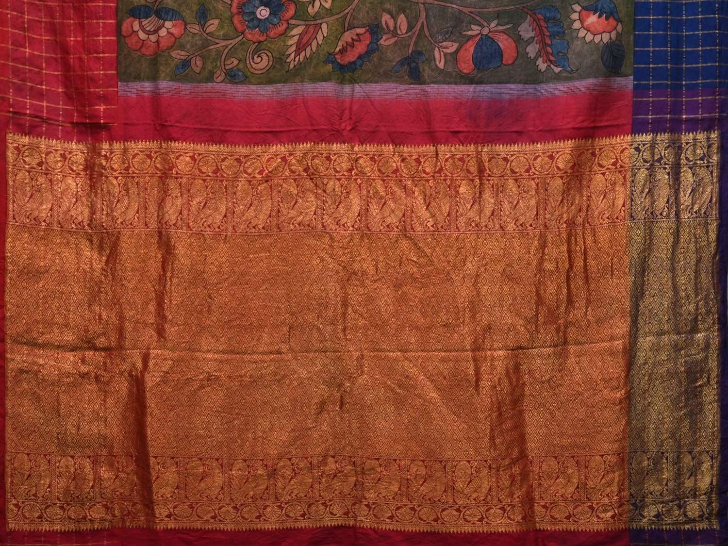 Green Kalamkari Hand Painted Gadwal Silk Handloom Saree with Floral and Ganga-Jamuna Border Design KL0532