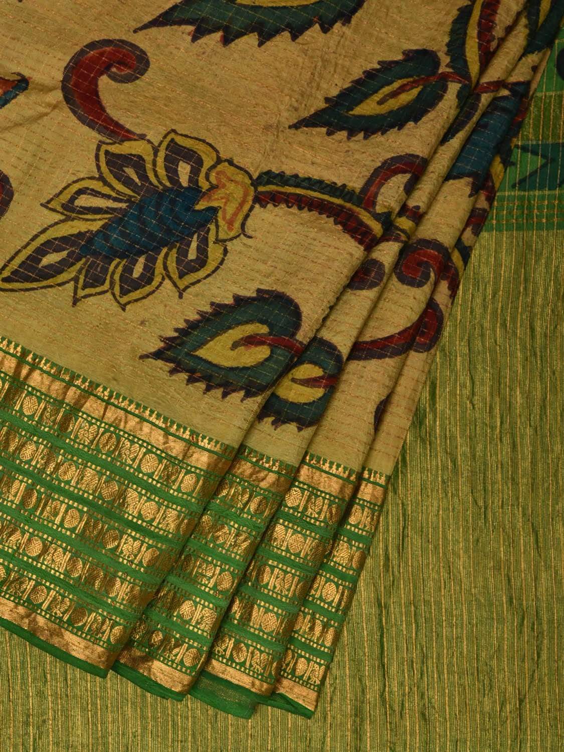 Green Kalamkari Hand Painted Gadwal Silk Handloom Saree with Floral Design KL0535