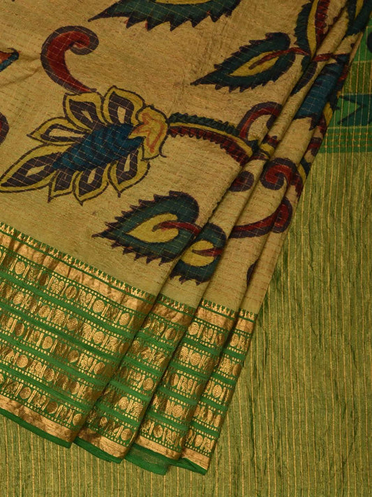 Green Kalamkari Hand Painted Gadwal Silk Handloom Saree with Floral Design KL0535