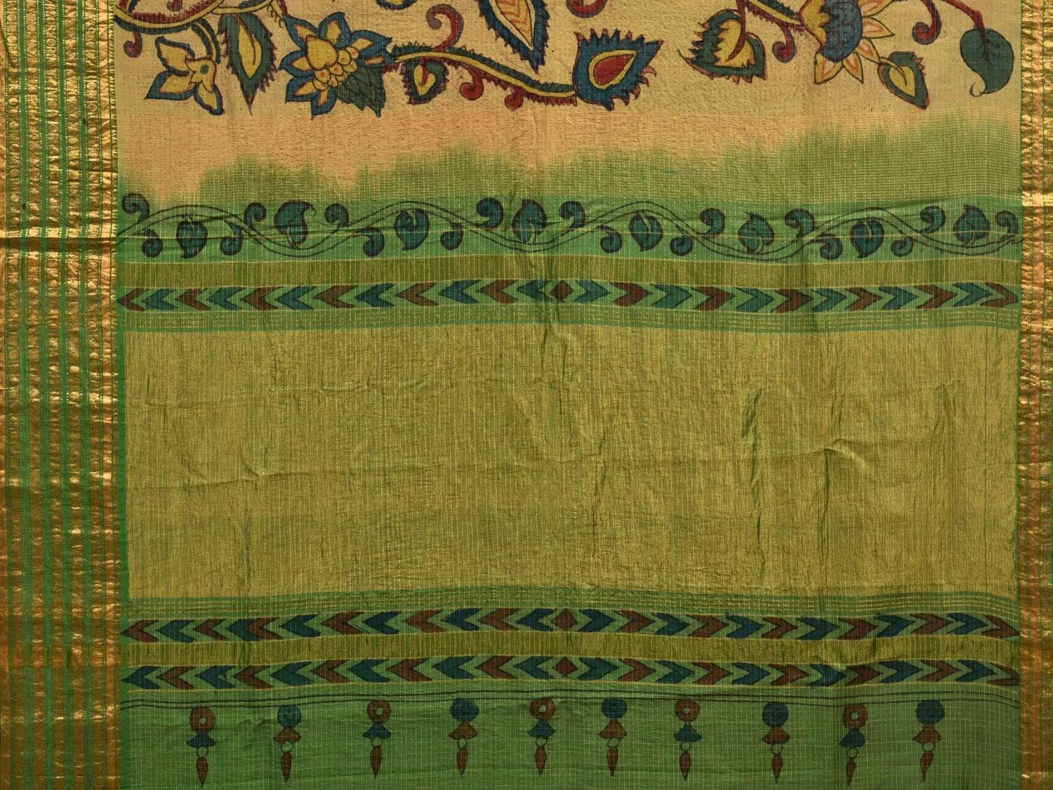 Green Kalamkari Hand Painted Gadwal Silk Handloom Saree with Floral Design KL0535