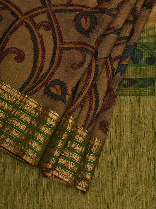 Green Kalamkari Hand Painted Gadwal Silk Handloom Saree with Floral Design KL0647
