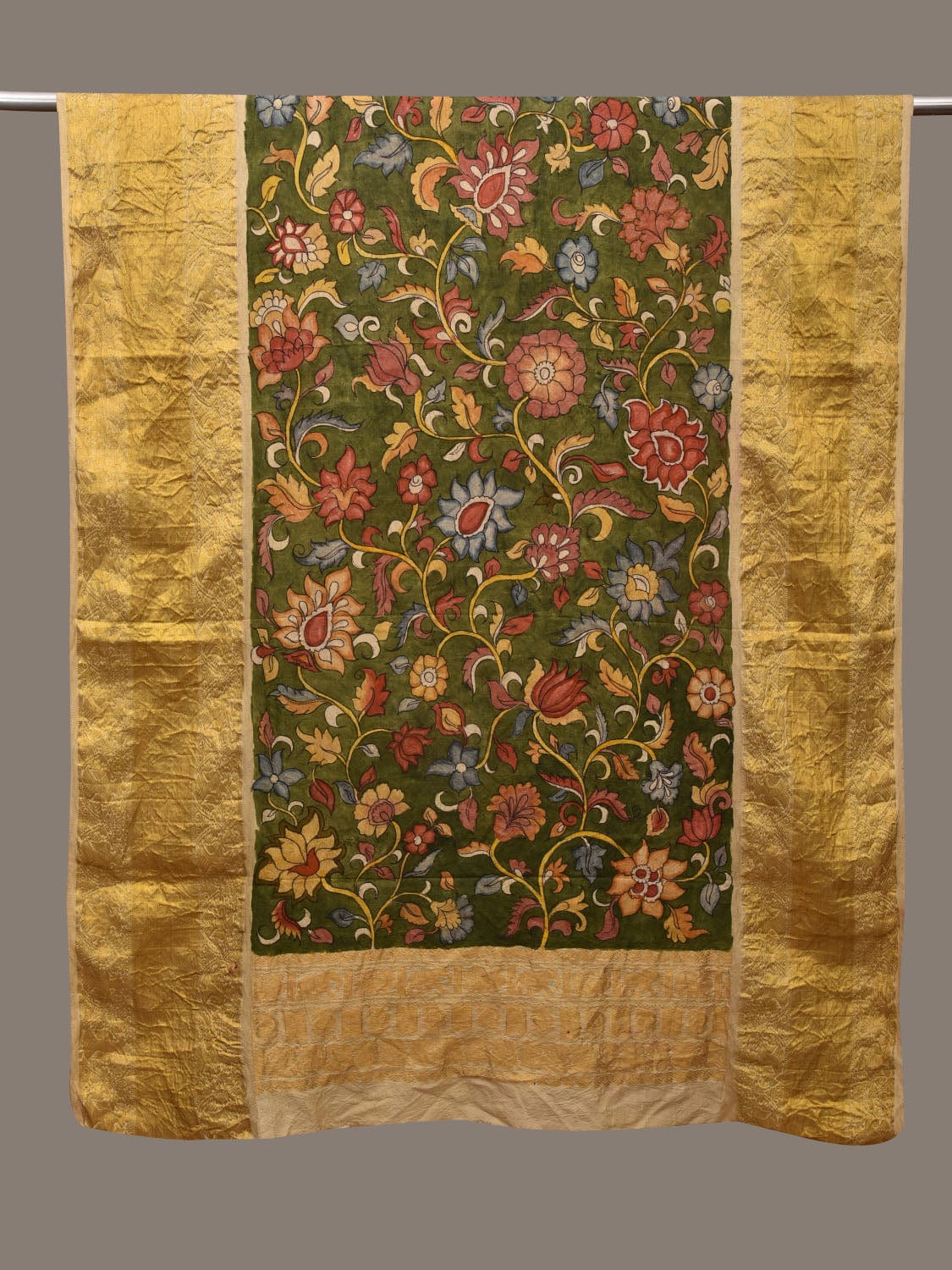 Green Kalamkari Hand Painted Kanchipuram Silk Handloom Dupatta with Floral Design ds3070