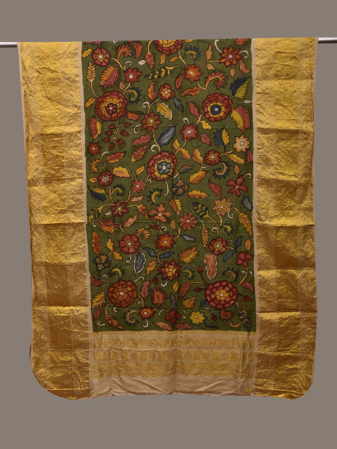 Green Kalamkari Hand Painted Kanchipuram Silk Handloom Dupatta with Floral Design ds3092