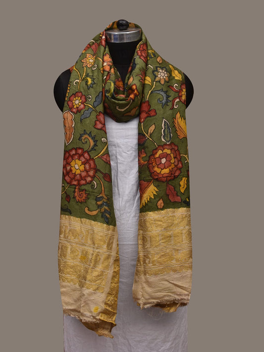 Green Kalamkari Hand Painted Kanchipuram Silk Handloom Dupatta with Floral Design ds3092