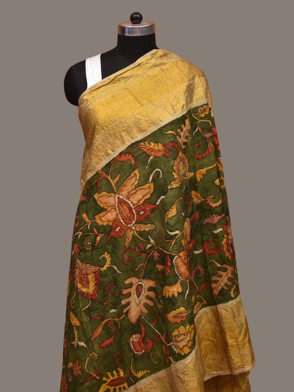 Green Kalamkari Hand Painted Kanchipuram Silk Handloom Dupatta with Floral Design ds3109