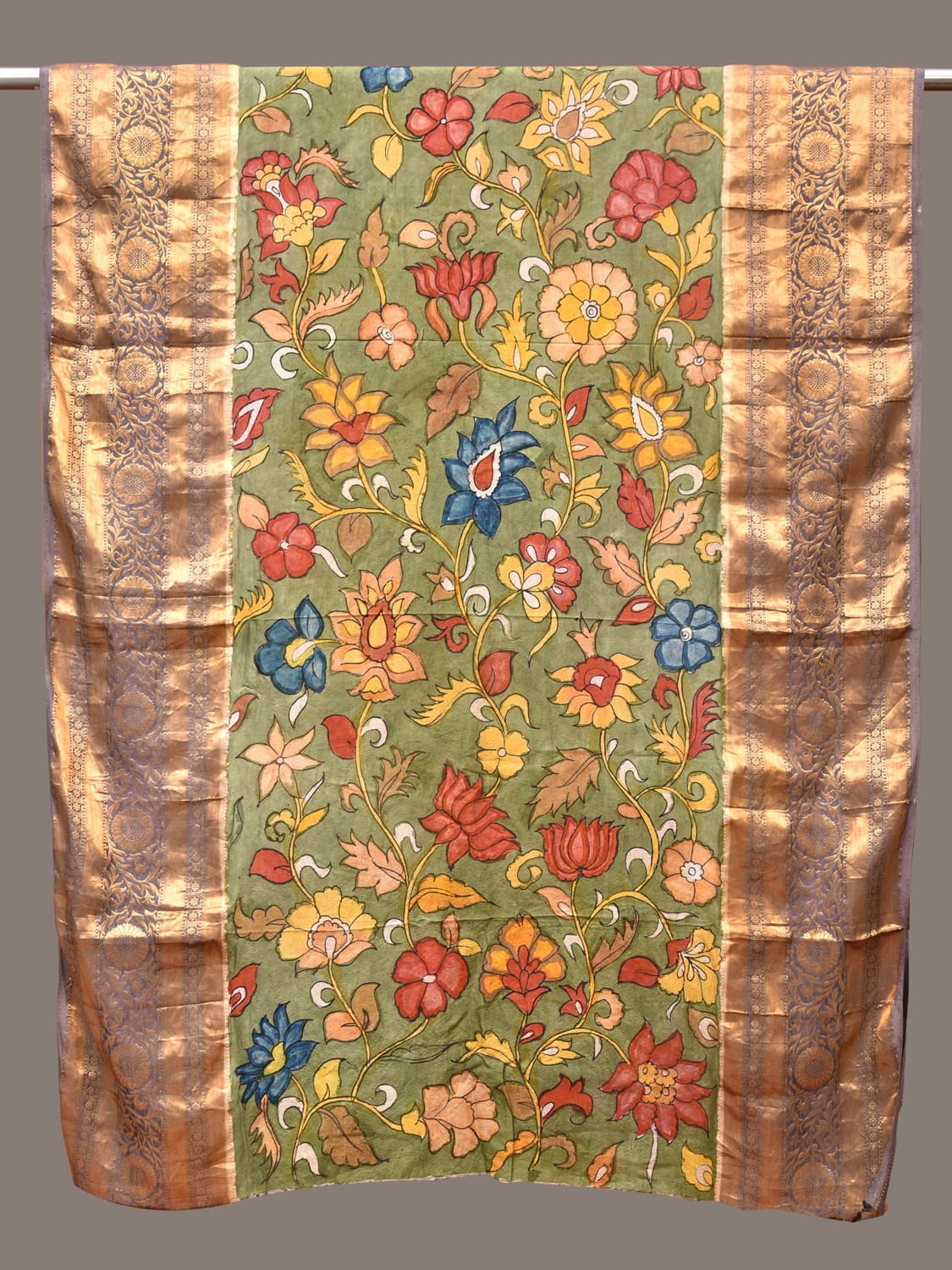 Green Kalamkari Hand Painted Kanchipuram Silk Handloom Dupatta with Floral Design ds3285