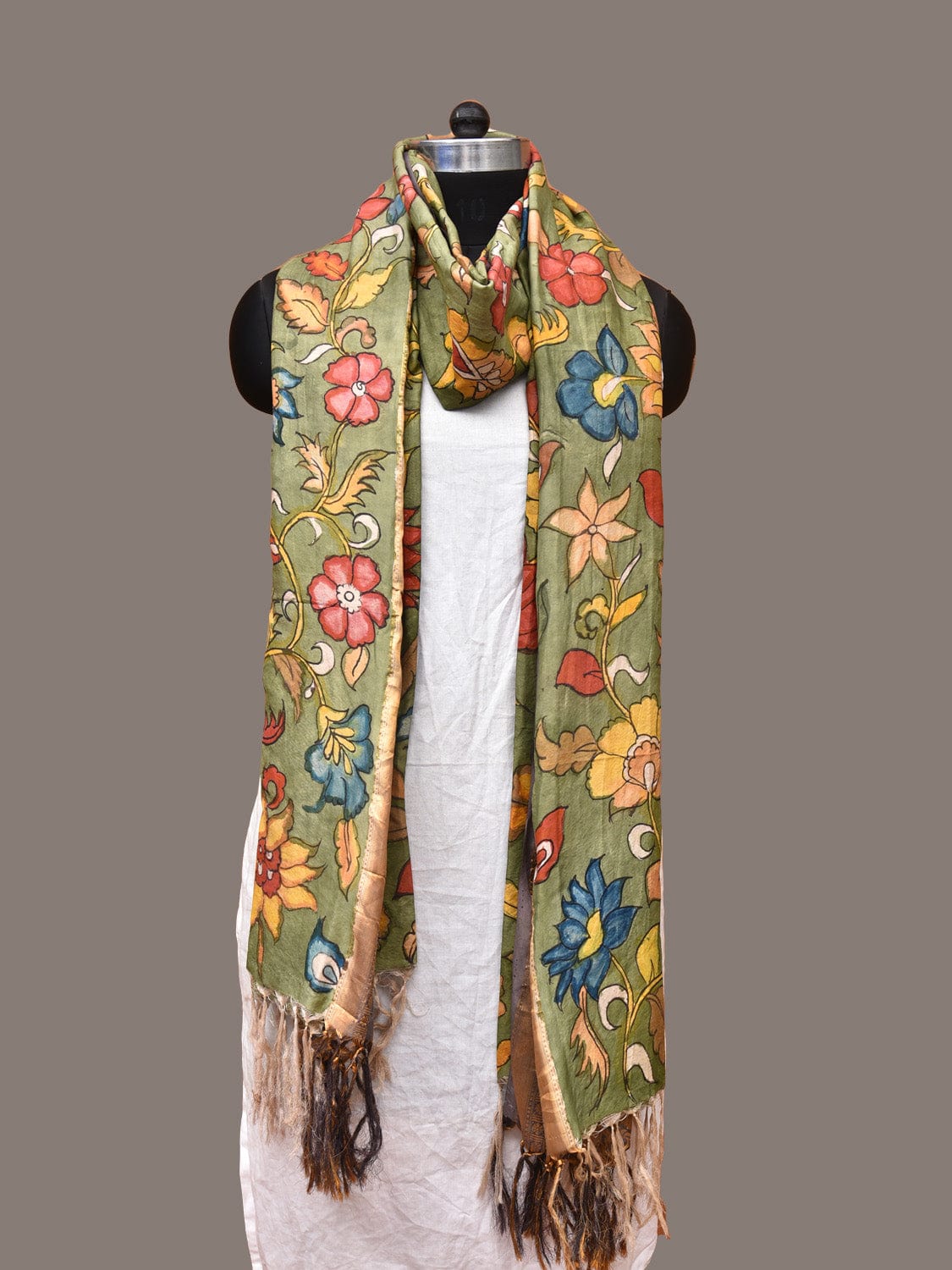 Green Kalamkari Hand Painted Kanchipuram Silk Handloom Dupatta with Floral Design ds3285
