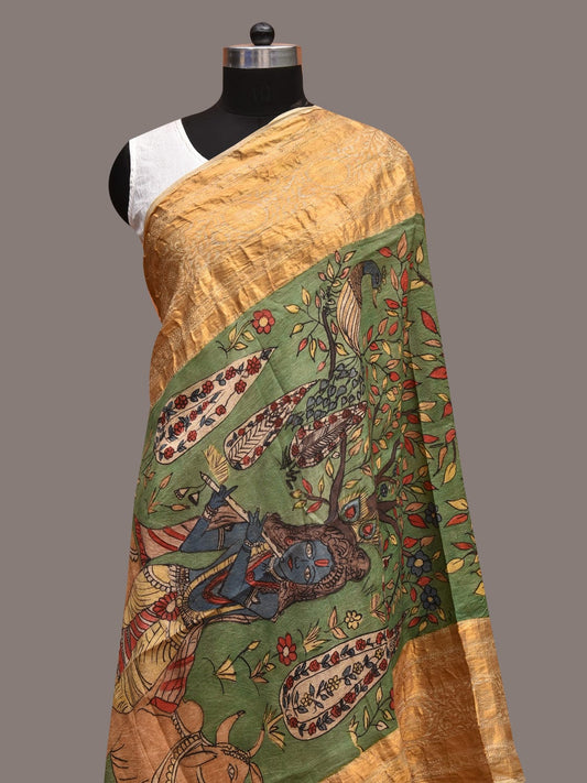 Green Kalamkari Hand Painted Kanchipuram Silk Handloom Dupatta with Krishna and Cows Design ds3573