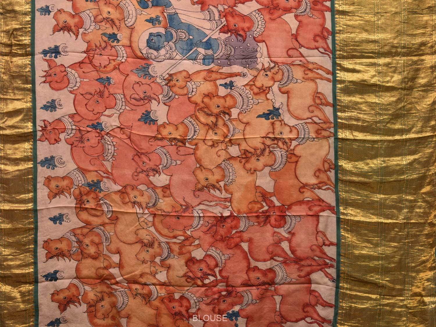 Green Kalamkari Hand Painted Kanchipuram Silk Handloom Saree Krishna and Cows Design KL0482