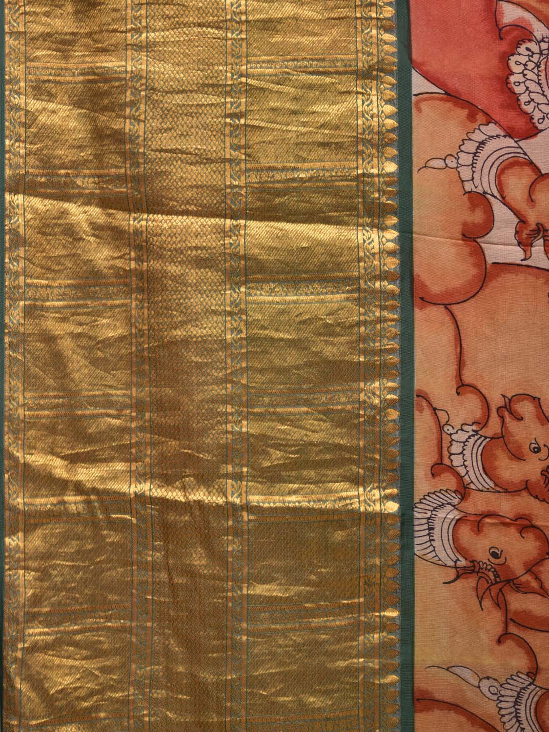 Green Kalamkari Hand Painted Kanchipuram Silk Handloom Saree Krishna and Cows Design KL0482