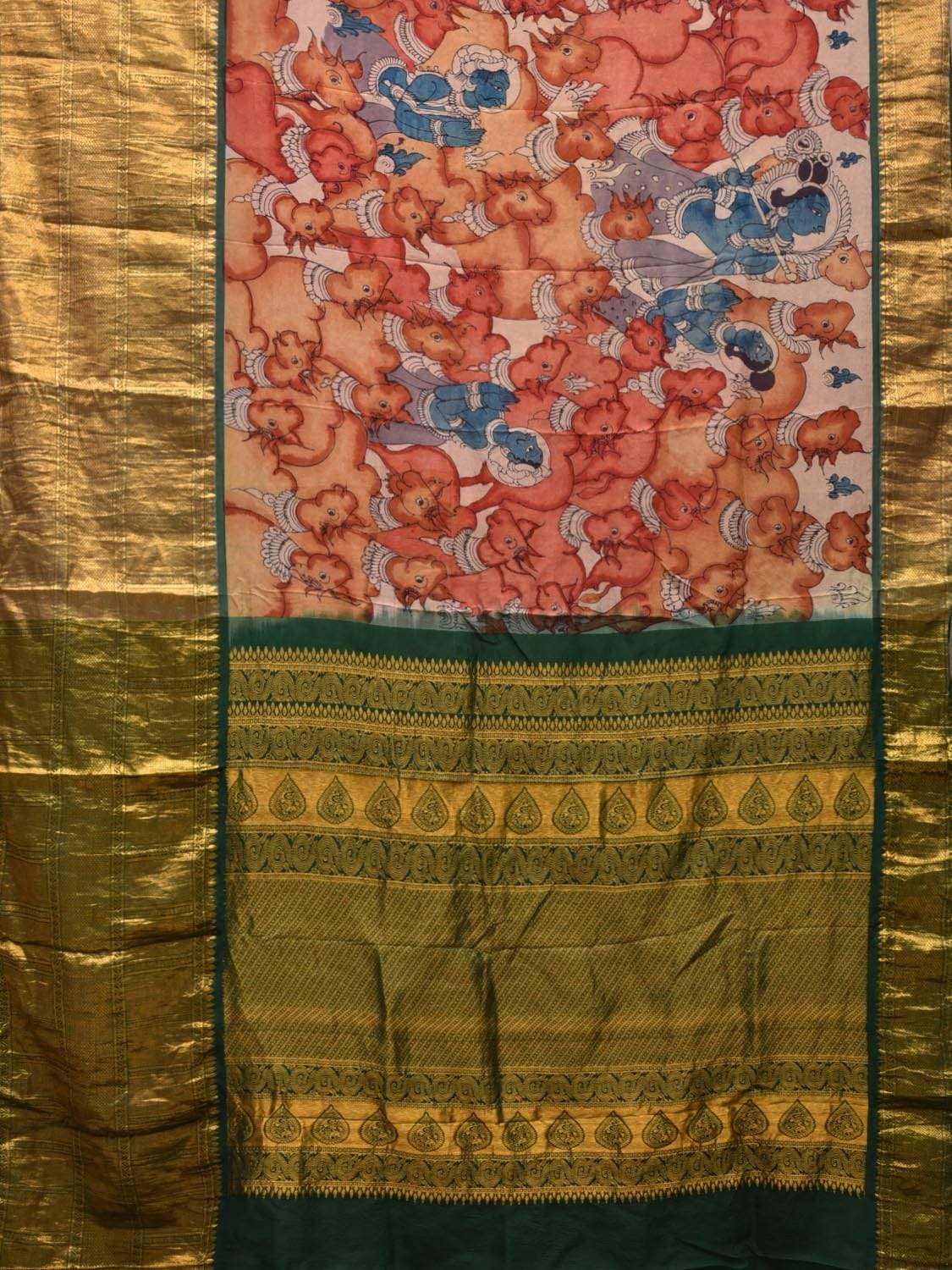 Green Kalamkari Hand Painted Kanchipuram Silk Handloom Saree Krishna and Cows Design KL0482