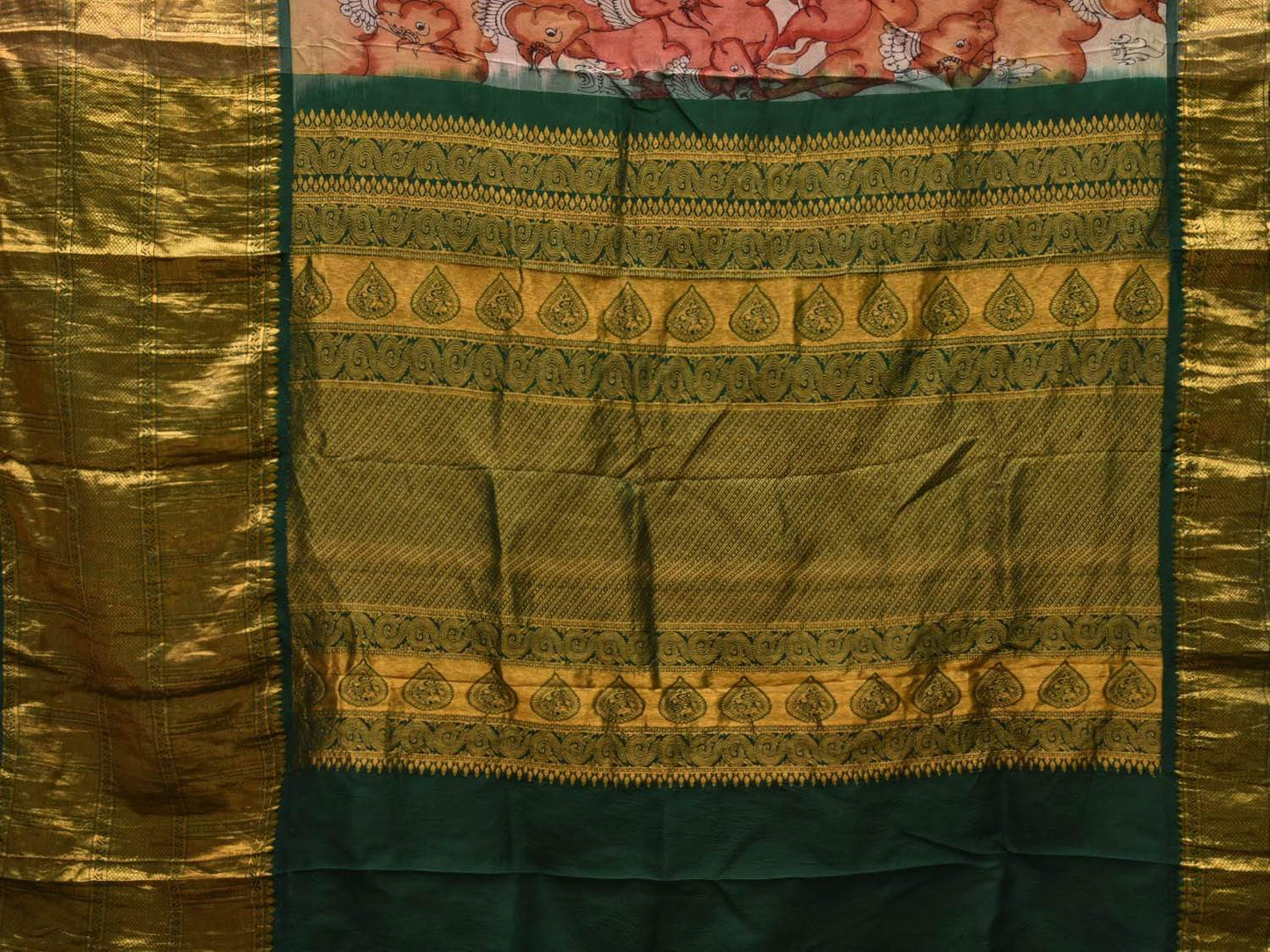 Green Kalamkari Hand Painted Kanchipuram Silk Handloom Saree Krishna and Cows Design KL0482
