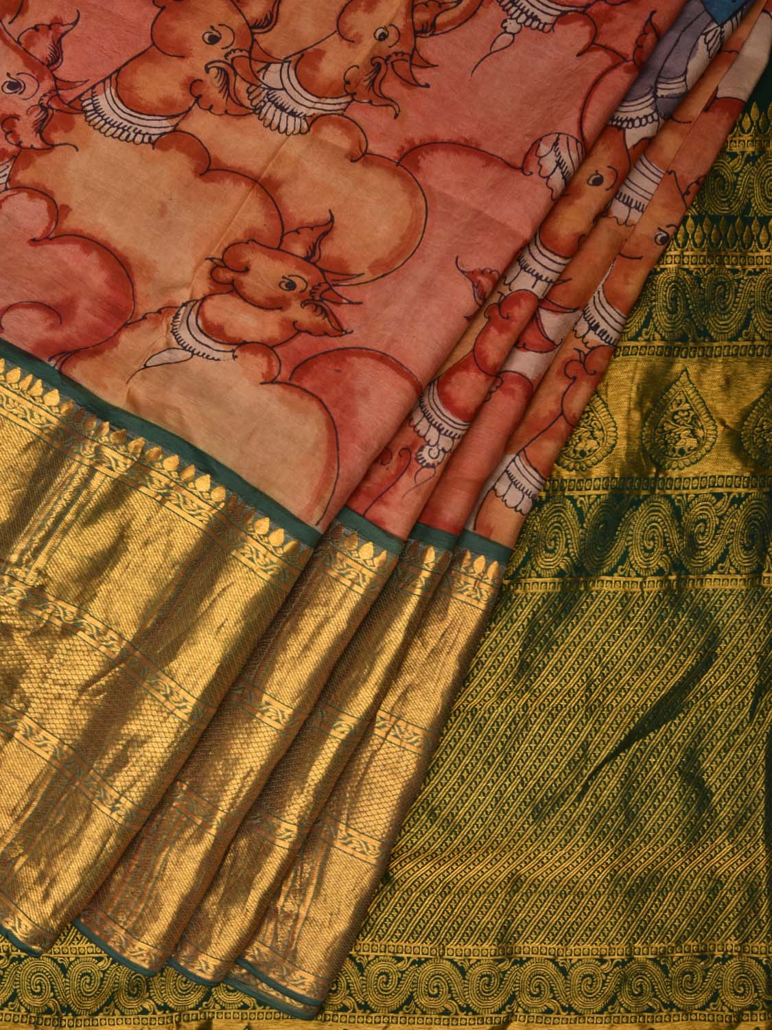 Green Kalamkari Hand Painted Kanchipuram Silk Handloom Saree Krishna and Cows Design KL0482