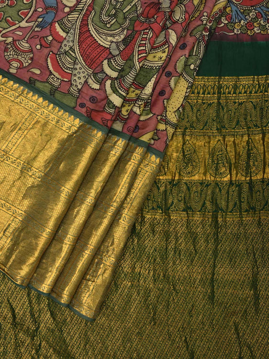Green Kalamkari Hand Painted Kanchipuram Silk Handloom Saree with Dashavatar Design KL0447