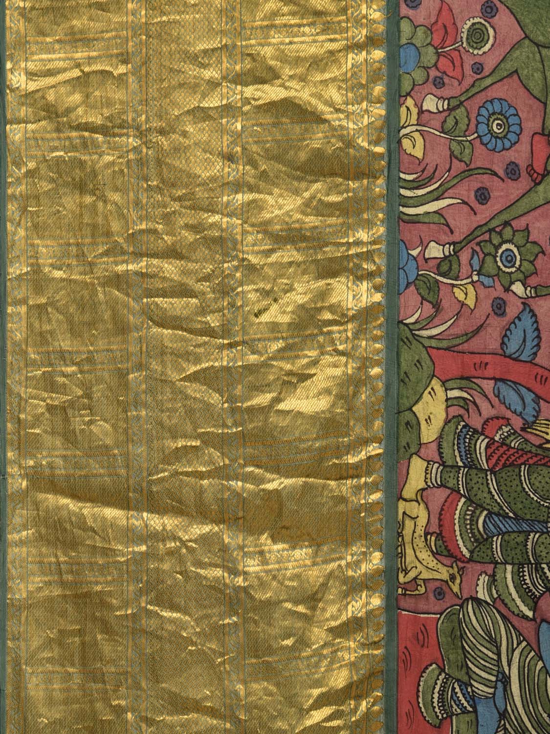 Green Kalamkari Hand Painted Kanchipuram Silk Handloom Saree with Dashavatar Design KL0447