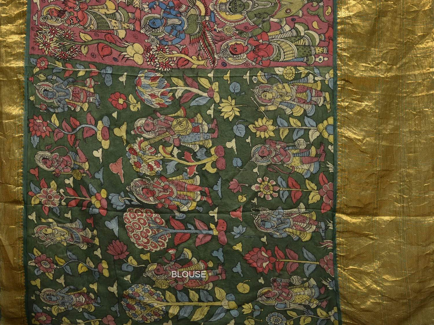 Green Kalamkari Hand Painted Kanchipuram Silk Handloom Saree with Dashavatar Design KL0447