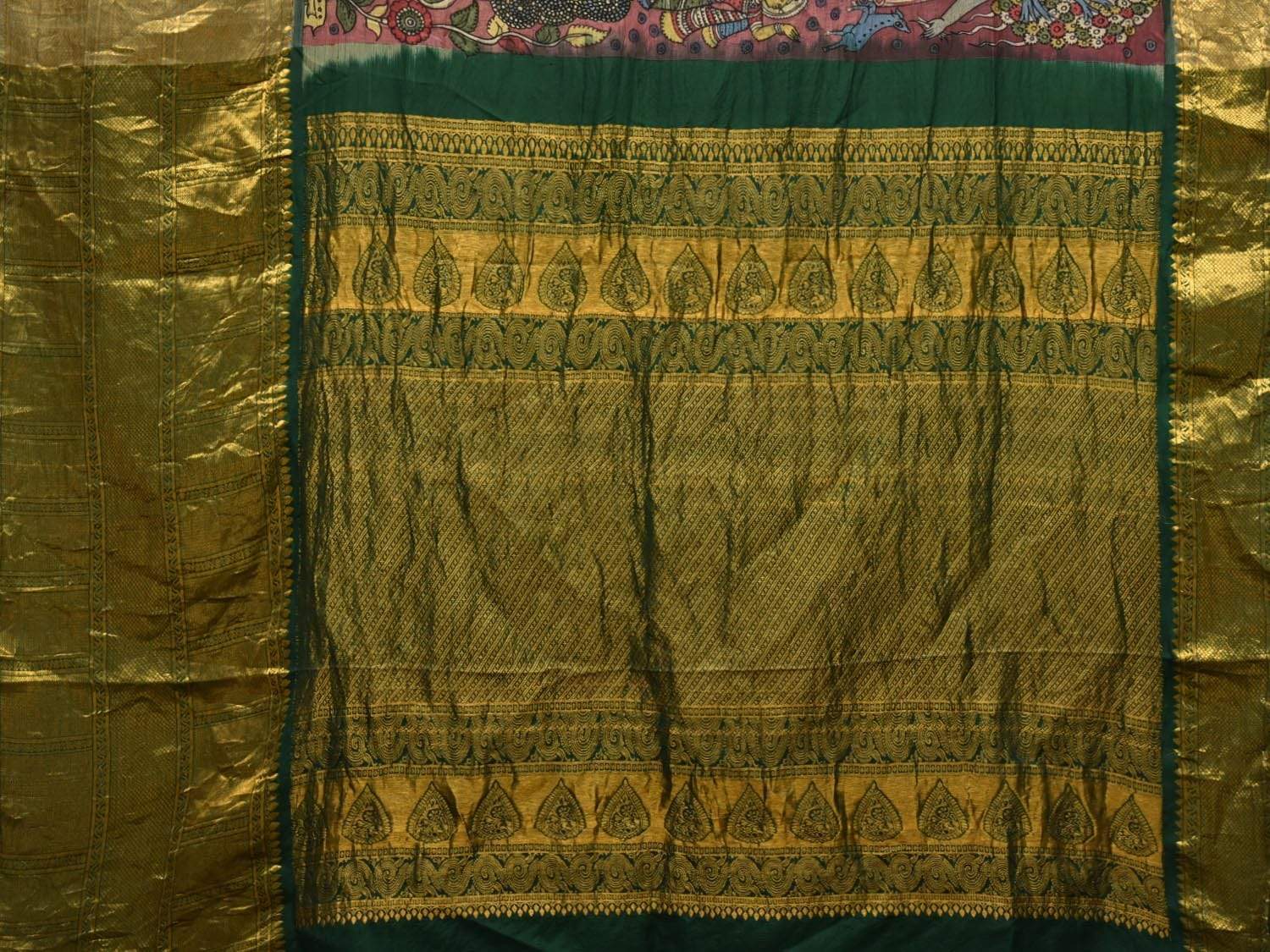 Green Kalamkari Hand Painted Kanchipuram Silk Handloom Saree with Dashavatar Design KL0447