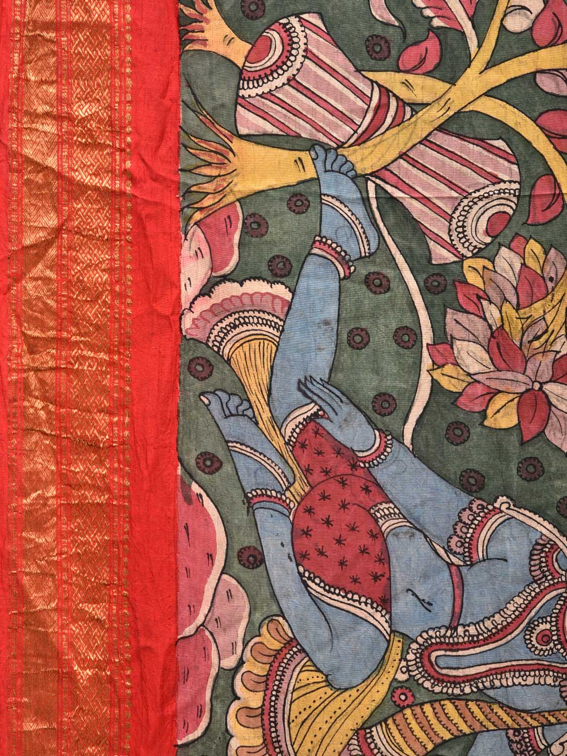 Green Kalamkari Hand Painted Kanchipuram Silk Handloom Saree with Dashavatar Design KL0468