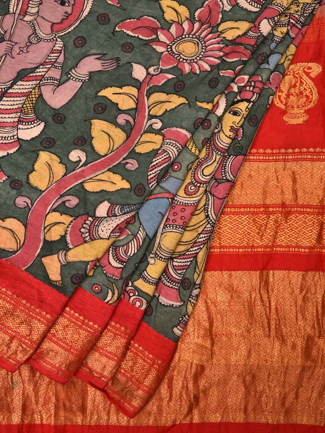 Green Kalamkari Hand Painted Kanchipuram Silk Handloom Saree with Dashavatar Design KL0468